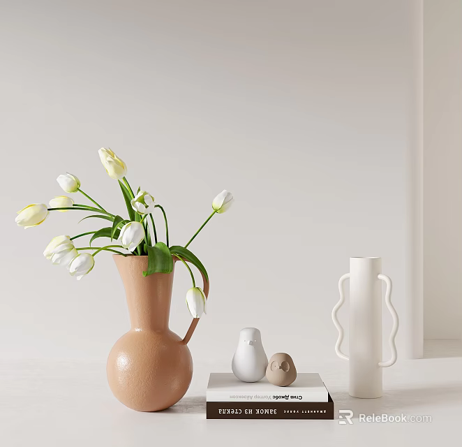 Minimalist Decorative Ornament Set With White Tulips In Brown Vase White Vase And Small Ornaments 3d model 