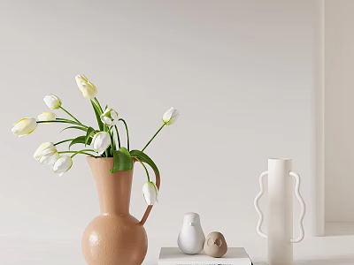 Minimalist Decorative Ornament Set With White Tulips In Brown Vase White Vase And Small Ornaments 3d model