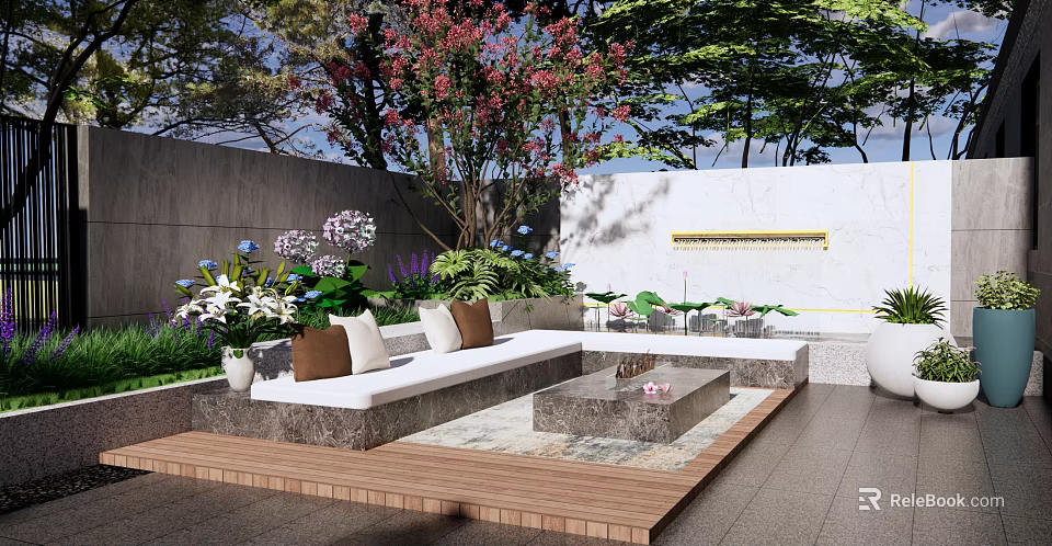 Courtyard Garden Design With Wooden Deck White Sofa Brown Pillows Stone Table And Green Plants 3d model 