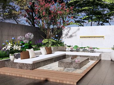 Courtyard Garden Design With Wooden Deck White Sofa Brown Pillows Stone Table And Green Plants 3d model