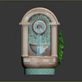Ornate Arch Shaped Fountain With Decorative Circular Center Turquoise Accents Green Leaf And Basin Base
