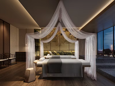 Serene SPA Sauna Room With White Canopy Massage Bed Wooden Flooring And Large Windows 3d model