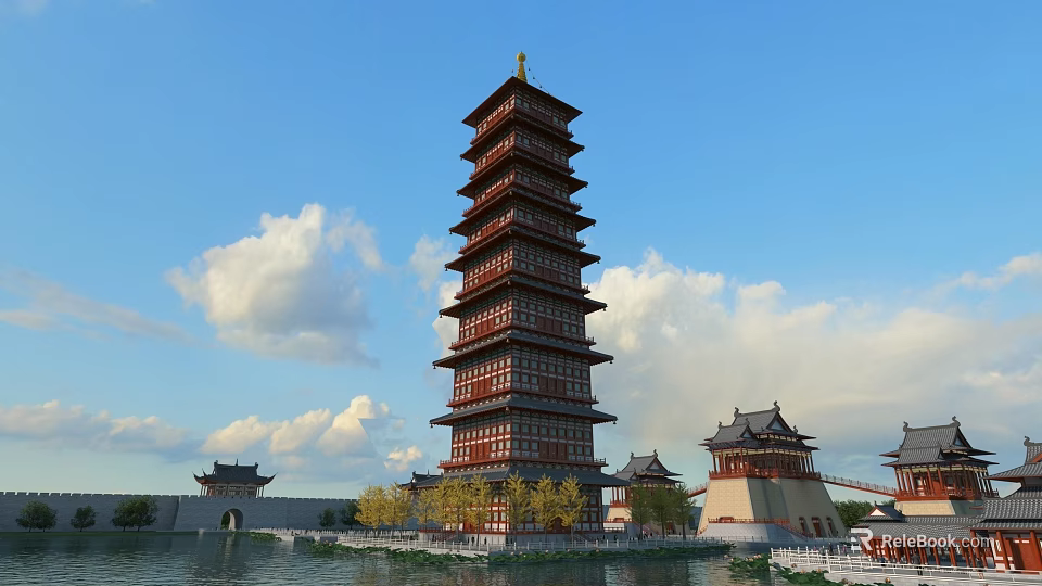 Traditional Chinese Multi Storey Pagoda With Surrounding Buildings And Water Under Blue Sky 3d model 