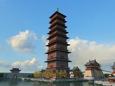 Traditional Chinese Multi Storey Pagoda With Surrounding Buildings And Water Under Blue Sky 3d model