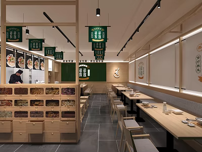 Modern Restaurant Kitchen Interior With Display Shelves Dining Tables Menu Signs And Hanging Lights 3d model