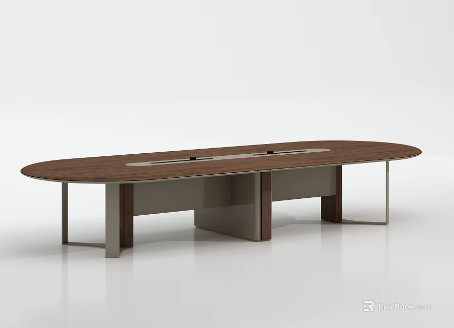Modern Oval Walnut Conference Table With Metal Legs And Cable Management Slot 3d model 
