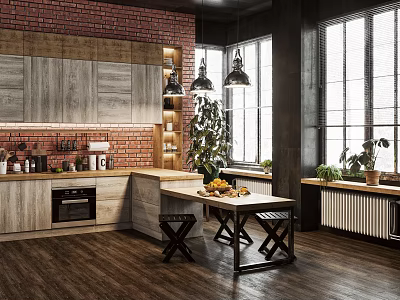 Industrial Style Kitchen With Red Brick Wall Black Pendant Lights Wooden Cabinets And Open Layout 3d model