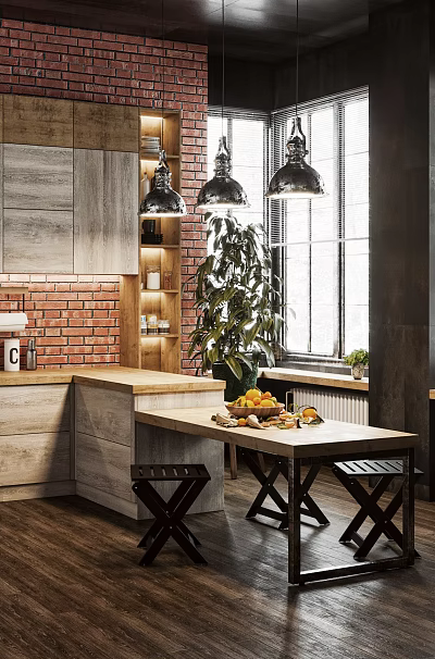Industrial Style Kitchen With Red Brick Wall Black Pendant Lights Wooden Cabinets And Open Layout 3d model