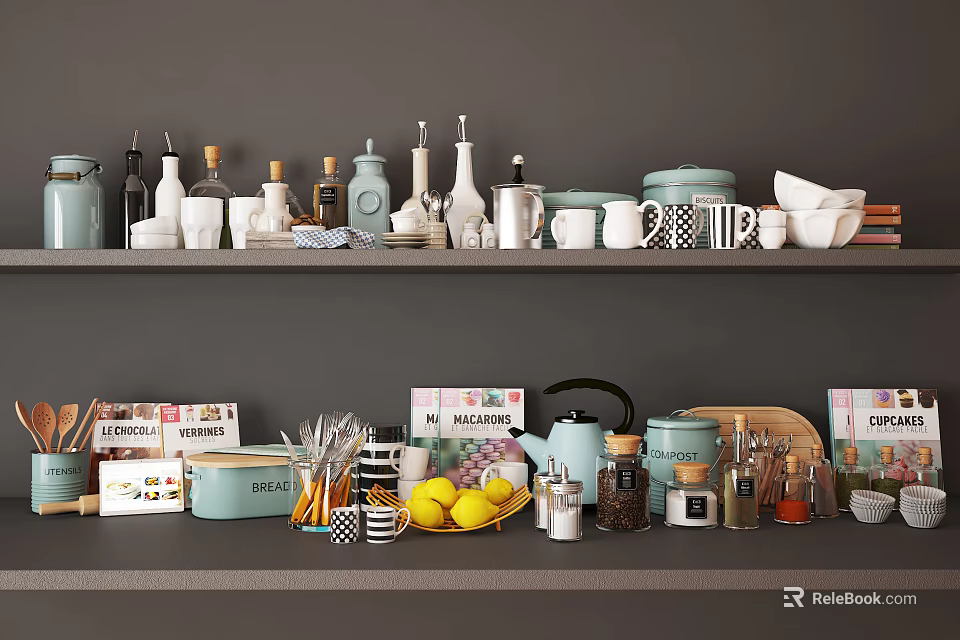 Modern Kitchen Cookware And Utensils Display On Shelves With Teapot Cups Jars And Lemons 3d model