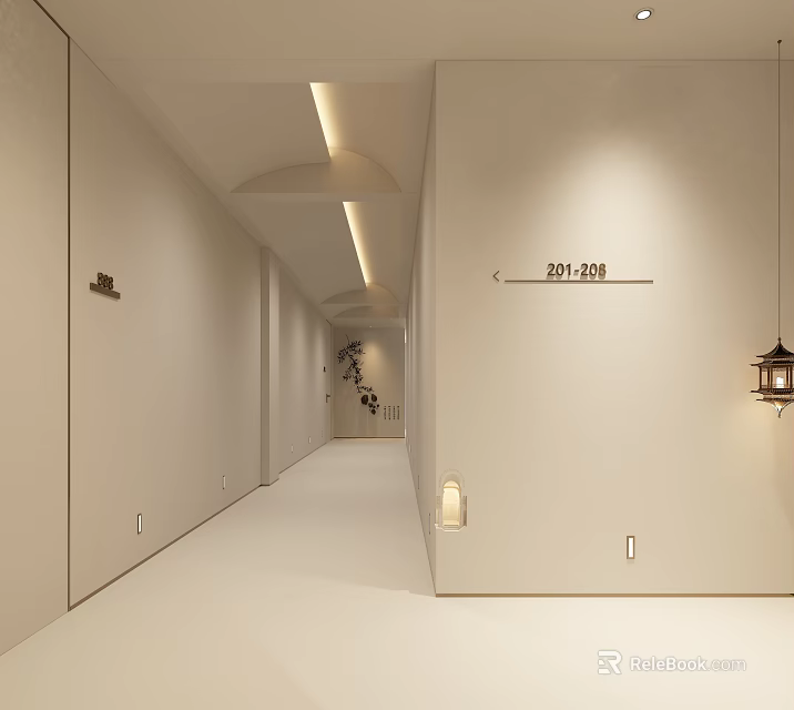 Minimalist Hotel Corridor Featuring Light Beige Walls Ceiling Lighting Room Number Signs and Hanging Lantern 3d model 