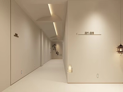 Minimalist Hotel Corridor Featuring Light Beige Walls Ceiling Lighting Room Number Signs and Hanging Lantern 3d model