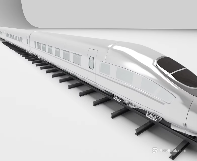Shiny Silver High Speed Train with Streamlined Design on Railway Tracks 3d model 