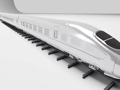 Shiny Silver High Speed Train with Streamlined Design on Railway Tracks 3d model