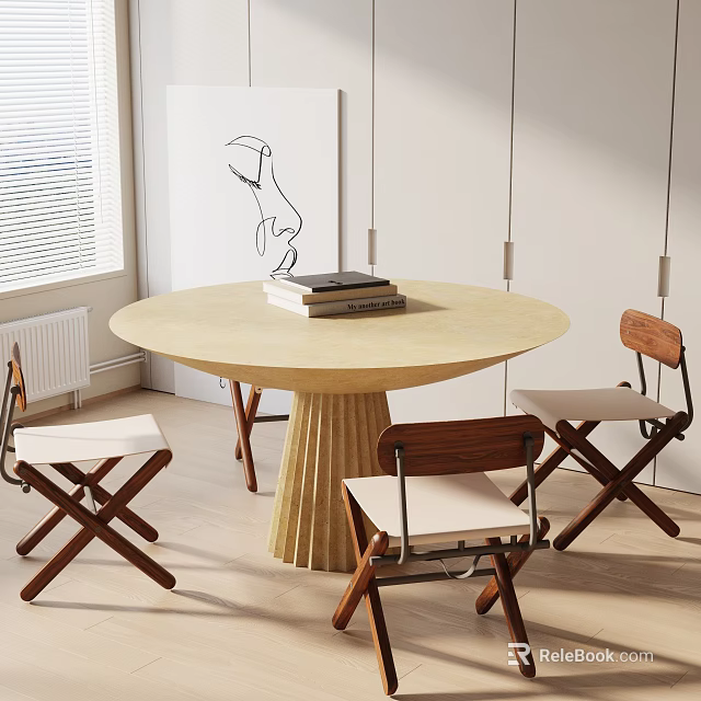 Modern Minimalist Round Dining Table Set With Wooden Chairs And Stacked Books On Top 3d model 