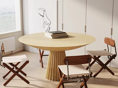 Modern Minimalist Round Dining Table Set With Wooden Chairs And Stacked Books On Top 3d model