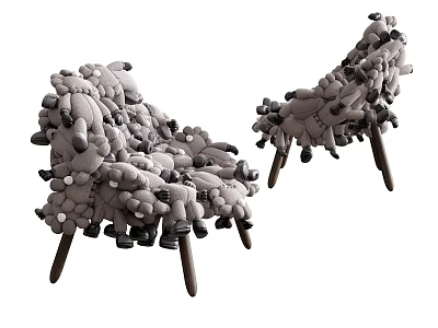 Unique Gray Leisure Chair Covered With Small Stuffed Toys And Wooden Legs 3d model
