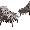 Unique Gray Leisure Chair Covered With Small Stuffed Toys And Wooden Legs