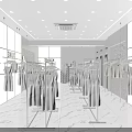 Modern Clothing Store With White Clothes Racks Mannequins Glass Partitions Marble Floor And Pendant Lights