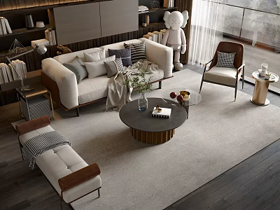 Modern Living Room Sofa And Coffee Table Set With Pillows Rug And Accent Chair 3d model