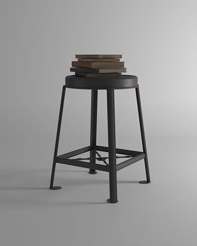 Simple Metal Stool With Round Seat And Stack Of Books On Top 3d model
