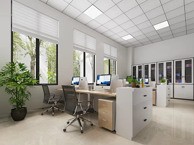 Modern Public Office Area With Ergonomic Workstations Computers Windows Plants And Storage Cabinets 3d model