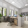 Modern Public Office Area With Ergonomic Workstations Computers Windows Plants And Storage Cabinets 3d model