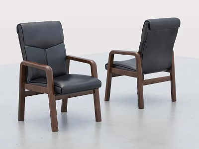 Pair of Sleek Office Chairs With Black Leather Seats And Wooden Frames 3d model