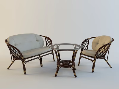 Wicker Furniture Set with Round Glass Top Table and Light Cushioned Sofa Chair 3d model