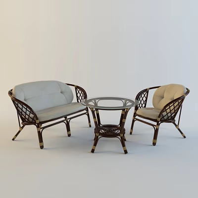 Wicker Furniture Set with Round Glass Top Table and Light Cushioned Sofa Chair 3d model