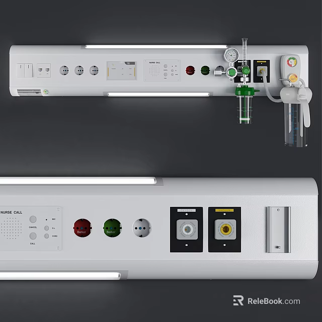 Medical Equipment Hospital Room Rail with Control Buttons Indicator Lights Power Sockets and Pressure Gauges 3d model 