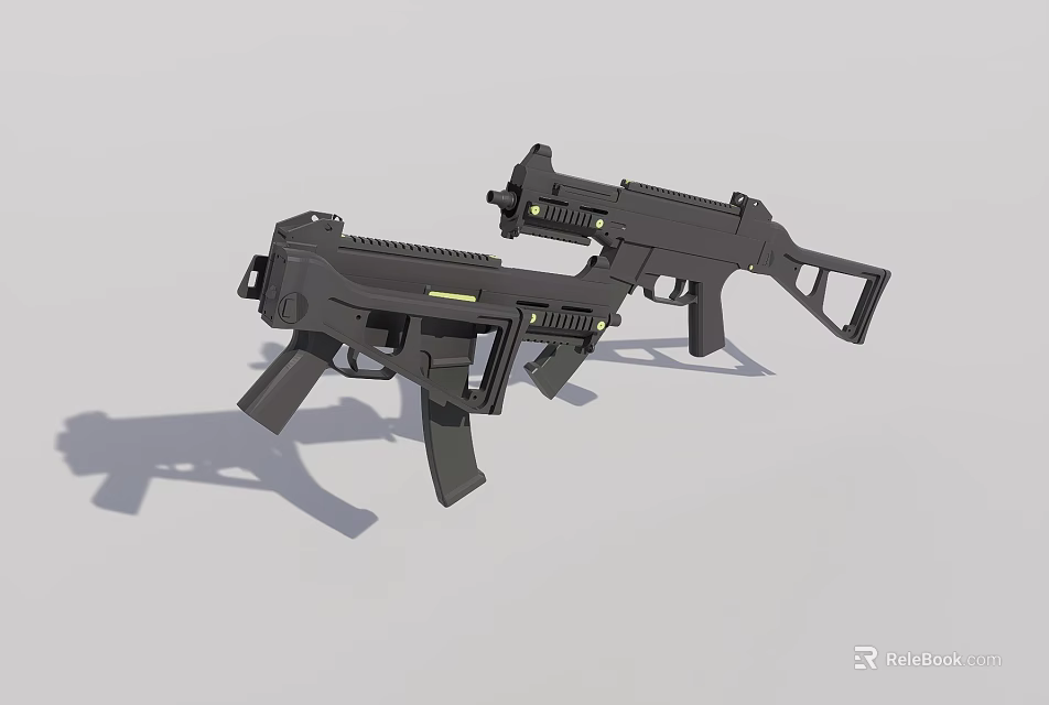 Two Modern Black Submachine Guns With Yellow Accents And Tactical Design 3d model 