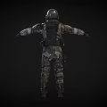Armored Character in Camouflage Combat Gear Red Black Vest Helmet with Arms Outstretched