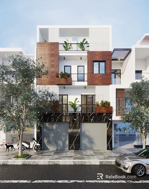 Multi Level Modern Detached Villa With Wooden Facade White Exterior Balconies Potted Plants And Garage 3d model 