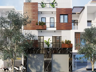 Multi Level Modern Detached Villa With Wooden Facade White Exterior Balconies Potted Plants And Garage 3d model