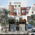 Multi Level Modern Detached Villa With Wooden Facade White Exterior Balconies Potted Plants And Garage