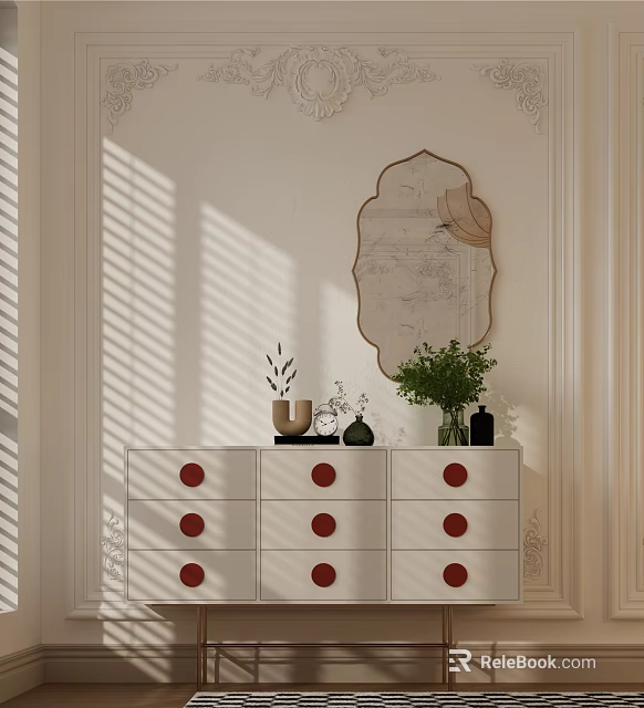 White Entryway Console Cabinet With Red Circular Details Mirror Green Plant And Decorative Items 3d model 