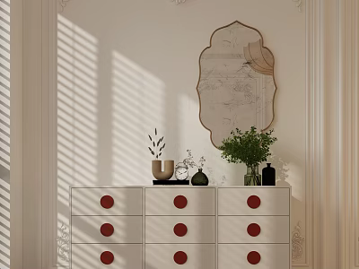 White Entryway Console Cabinet With Red Circular Details Mirror Green Plant And Decorative Items 3d model