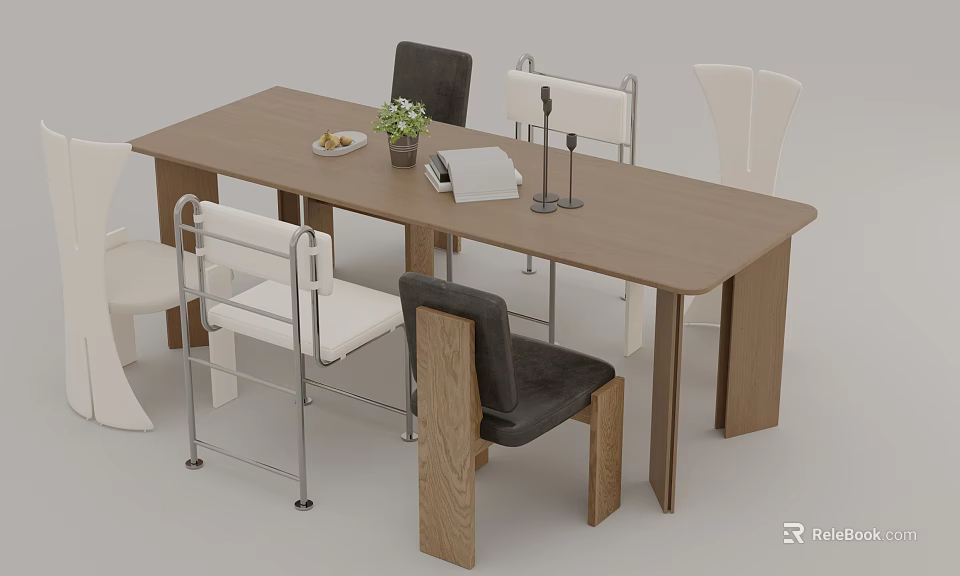 Modern Rectangular Wooden Dining Table Set With White Gray Chairs Potted Plant Notebook And Plate 3d model
