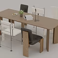 Modern Rectangular Wooden Dining Table Set With White Gray Chairs Potted Plant Notebook And Plate 3d model