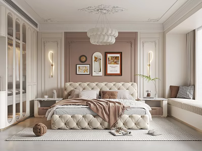 Luxurious Bedroom Interior With Tufted Bed Chandelier Wall Sconces And Decorative Paintings 3d model