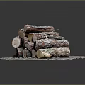 Natural Wood Material Logs Stacked With Bark And Green Moss On Circular Ground