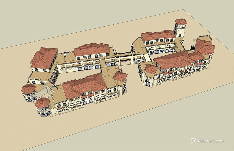 Commercial Street Featuring Connected Buildings Red Tiled Roofs Arched Windows And Courtyard 3d model 