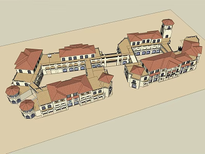 Commercial Street Featuring Connected Buildings Red Tiled Roofs Arched Windows And Courtyard 3d model