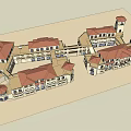 Commercial Street Featuring Connected Buildings Red Tiled Roofs Arched Windows And Courtyard