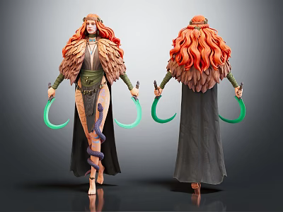 Fantasy Warrior With Red Curly Hair Feathered Outfit Green Ringed Weapons And Snake Like Decorations 3d model