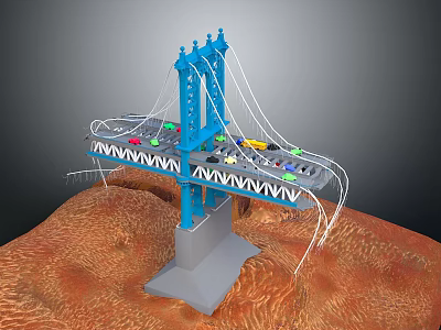 Blue Bridge Model With Tower Cables Gray Base And Cars On Red Terrain 3d model