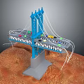 Blue Bridge Model With Tower Cables Gray Base And Cars On Red Terrain