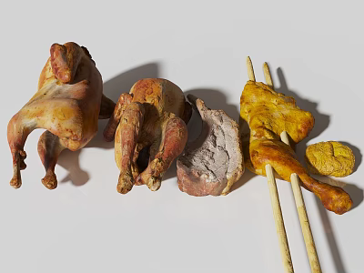Assorted Chicken Preparations Whole Sliced Skewered On Sticks And Seasoned 3d model