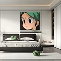 Minimalist Modern Bedroom Interior with Bed Green Haired Cartoon Art Window Curtains and White Wardrobe