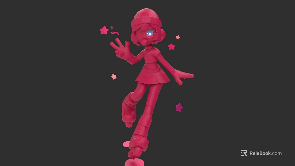 Red 3D Game Movie Character With Goggles Making Peace Sign Stars Around Skirt Roller Skates 3d model 